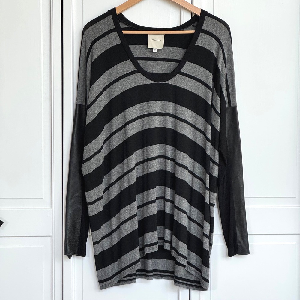 Mason Mens Striped Long Sleeve Top Grey Black Lambskin Leather oversized medium